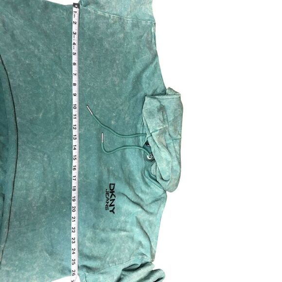 DKNY Hoodie Drawstring Cropped Green Yellow Tie Dye Left Chest Logo Pullover XL - Picture 4 of 15